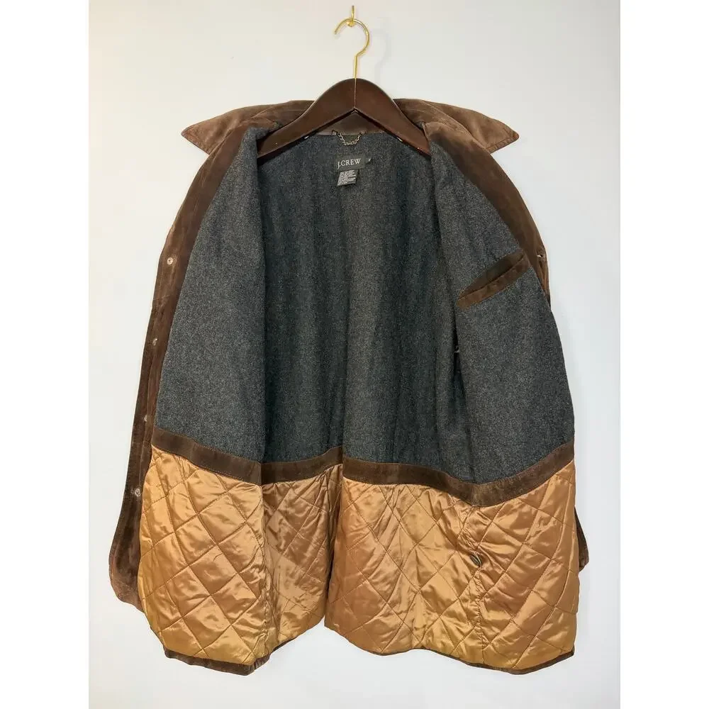 J CREW VGT 90's Suede Leather Jacket Lined Coat Button Down Wool Lining Brown XL
